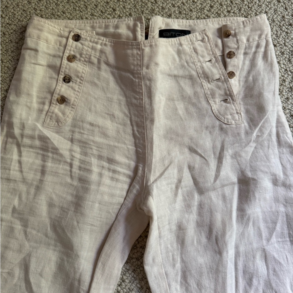 100% Linen Pants by Biton wide leg with Button and lace up tie details
